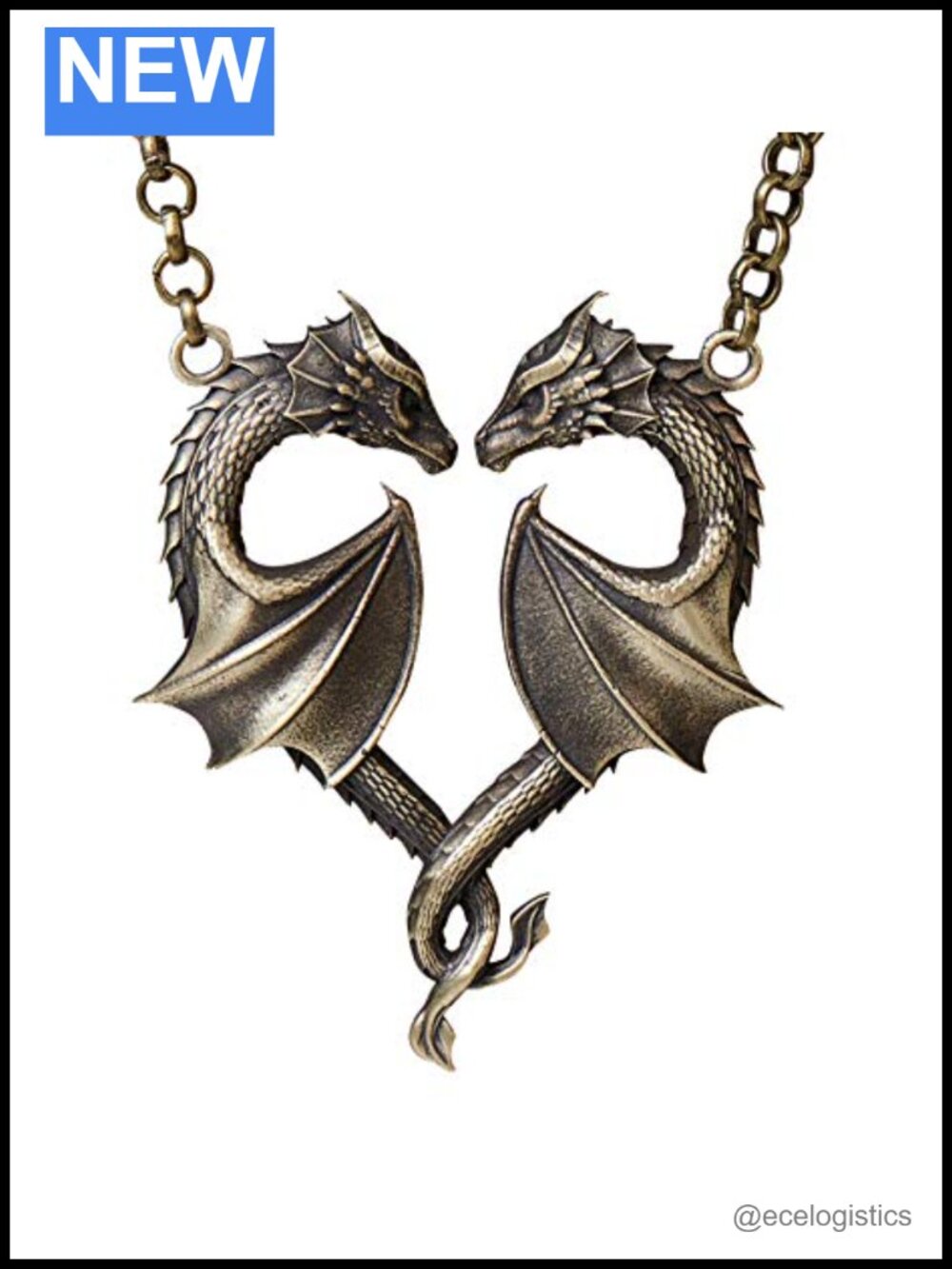 Handmade Solid Brass Double Dragon Heart Pendant Necklace 22"